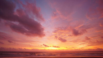 Nature background. Shot of Landscape amazing of red sky sunset in the sea with red clouds background. Travel concept.