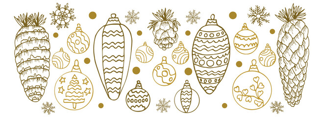 Set of Christmas balls, cones, snowflakes in the style of doodles. Christmas toys is isolated on a white background. Horizontal border. New year, Xmas hand drawn vector illustration for your design