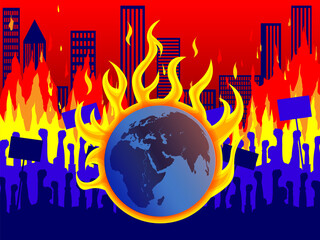 Protest. Silhouettes of raised fists protesting on the background of a burning planet Earth, city, skyscrapers. Vector