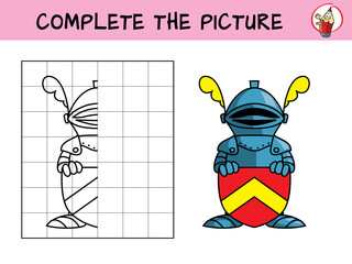 Complete the picture of a knight. Copy the picture. Coloring book. Educational game for children. Cartoon vector illustration