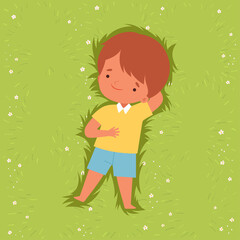 Top View of Adorable Boy Lying Down on Green Lawn, Lovely Kid Lying on Grass Dreamily Looking into Sky Cartoon Vector Illustration