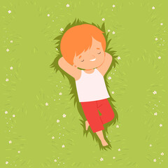 Top View of Adorable Boy Lying Down on Green Lawn with Hands behind his Head, Cute Kid Lying on Grass Dreamily Looking into Sky Cartoon Vector Illustration