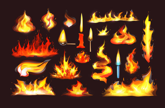 Realistic fire flames set. Red burning fire flame and orange hot flaming heat explosion cartoon, hot flame energy, fire animation cartoon vector