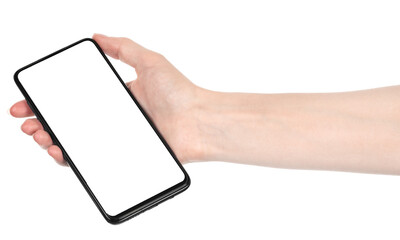 Woman hand holding the black new smartphone with blank screen isolated white background. hands using phone clipping path