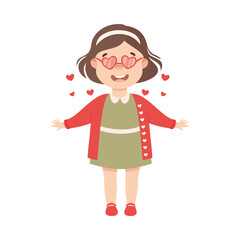 Cute Girl Wearing Heart Shaped Glasses, Adorable Child Character with Romance Feelings Symbol, Happy Valentines Day Concept Cartoon Vector Illustration