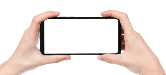 Woman hand holding the black new smartphone with blank screen isolated white background. hands using phone clipping path