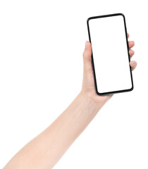 Woman hand holding the black new smartphone with blank screen isolated white background. hands using phone clipping path