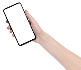 Woman hand holding the black new smartphone with blank screen isolated white background. hands using phone clipping path
