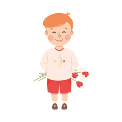 Cute Boy Holding Bouquet of Tulips Behind his Back, Adorable Child Character with Romance Feelings Symbol, Happy Valentines Day Concept Cartoon Vector Illustration
