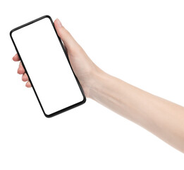Woman hand holding the black new smartphone with blank screen isolated white background. hands using phone clipping path