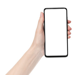 Woman hand holding the black new smartphone with blank screen isolated white background. hands using phone clipping path