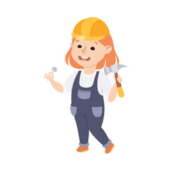 Cute Builder with Hammer and Nail, Little Girl in Hard Hat and Blue Overalls with Construction Tools Cartoon Style Vector Illustration