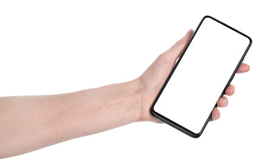 Woman hand holding the black new smartphone with blank screen isolated white background. hands using phone clipping path