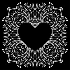 Circular pattern in form of mandala with frame in shape of heart. Decorative ornament in ethnic oriental mehndi style. Outline doodle hand draw vector illustration. Antistress coloring book page.