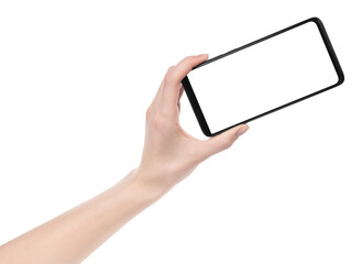 Woman hand holding the black new smartphone with blank screen isolated white background. hands using phone clipping path