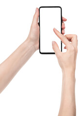 Woman hand holding the black new smartphone with blank screen isolated white background. hands using phone clipping path