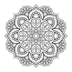 Circular pattern in form of mandala with flower for Henna, Mehndi, tattoo, decoration. Decorative ornament in ethnic oriental style. Outline doodle hand draw vector illustration.