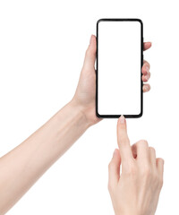 Woman hand holding the black new smartphone with blank screen isolated white background. hands using phone clipping path