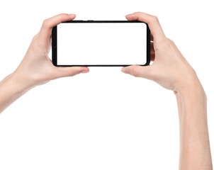Woman hand holding the black new smartphone with blank screen isolated white background. hands using phone clipping path