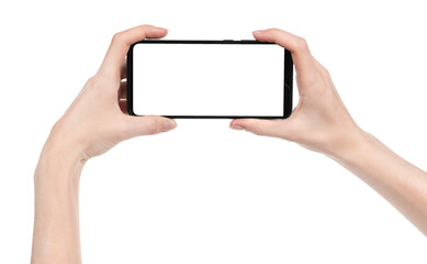 Woman hand holding the black new smartphone with blank screen isolated white background. hands using phone clipping path