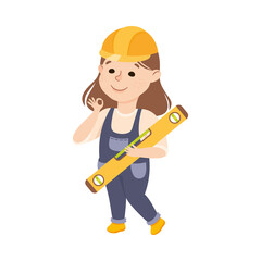 Cute Builder with Bubble Level Tool, Little Girl in Hard Hat and Blue Overalls with Construction Tools Cartoon Style Vector Illustration