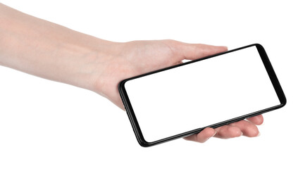 Woman hand holding the black new smartphone with blank screen isolated white background. hands using phone clipping path