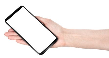 Woman hand holding the black new smartphone with blank screen isolated white background. hands using phone clipping path