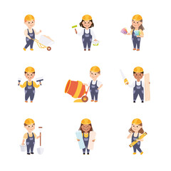 Cute Builders Set, Little Boys and Girls in Hard Hats and Blue Overalls Working with Construction Tools Cartoon Style Vector Illustration