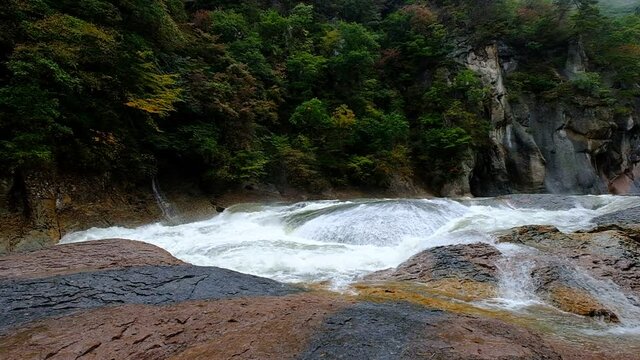 A slow motion of a large water stream that flows noisily in a huge rocky environment, Fukiware Falls, next to Numata, near Nikko National Park, Japan.
