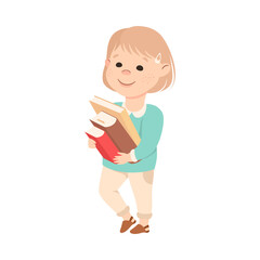 Cute Little Girl Holding Stack of Books, Preschool Girl Enjoying Literature, Kids Education Concept Cartoon Style Vector Illustration