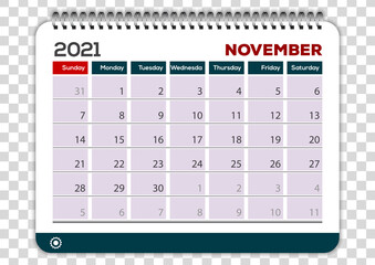 November 2021. Calendar planner design template. Week starts on Sunday	