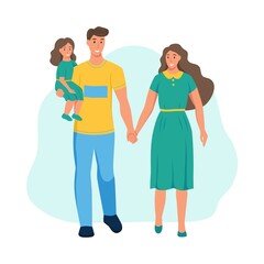 Fototapeta premium Family in summer clothes. Dad, mom and daughter walking in the Park.A character isolated on a white background. Flat cartoon vector illustration.