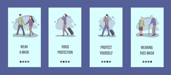 People wear masks mobile app template.  Concept of epidemic control, air pollution, covid-19. Flat vector illustration.