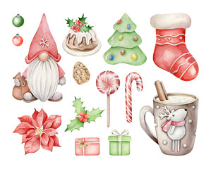 Watercolor set of Christmas elements:Santa,pudding,Christmas tree,presents,balls,candies,Christmas sock,cone,poinsettia,holly