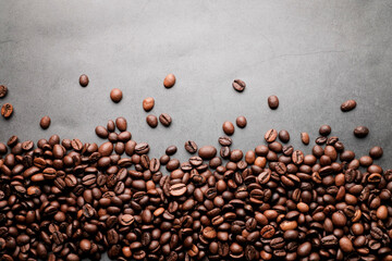 Coffee beans frames at dark gray background. Copy space 