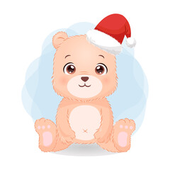 Obraz na płótnie Canvas Cute teddy bear wearing santa hat. Merry Christmas clip art. Vector illustration isolated on white.