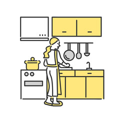 キッチンに立って調理をしている女性のイラスト素材