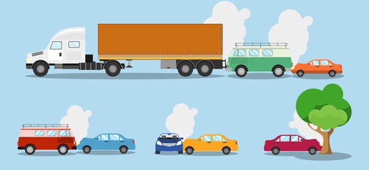 Fototapeta na wymiar Accident, traffic accident, set of road accidents with cars. Vector, cartoon illustration.