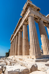 Obraz premium Acropolis, Athens Greece,July 27, 2017 View of the corner of the Parthenon at the Acropolis of Athens an ancient citadel archeologicall site above the city of athens in Greece