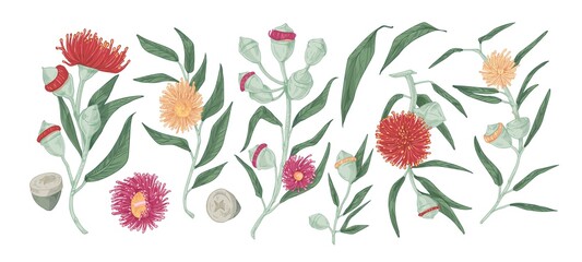 Eucalyptus branches with leaves and flowers. Evergreen herbaceous plant of gumtree. Detailed realistic set of stems with blooming bud and foliage. Flat vector cartoon illustration isolated on white © Good Studio