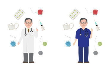 風邪やインフルエンザの説明をする老練な男性医師
