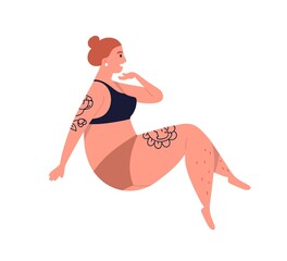 Plus size tattooed woman in underwear. Female model with curvy shape. Body positive character with natural beauty. Flat vector cartoon illustration isolated on white background.