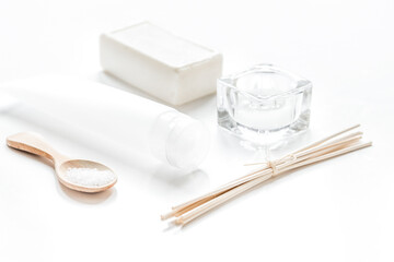white cosmetic set on desk background