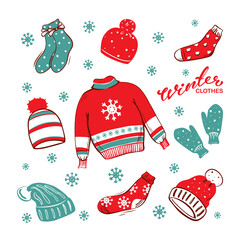 A hand-drawn set of winter clothing. Vector illustration.