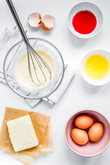 cooking pancake on white background top view ingredients for making