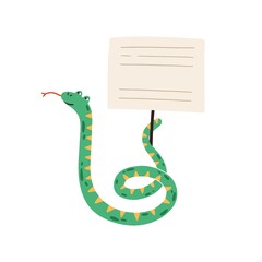 Funny childish snake holding empty sign with a place for text. Adorable wild animal demonstrating blank banner or card on stick. Vector illustration in flat cartoon style
