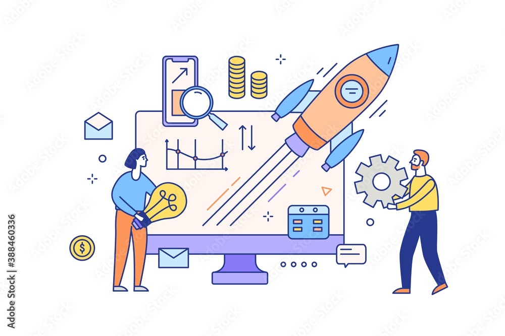 Poster concept of business release, startup. project development and launching. male and female character w