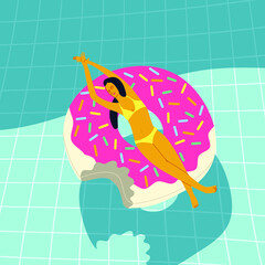 woman laying on the pink donut ring in the pool for sun tanning