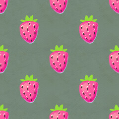 Fototapeta premium Seamless pattern with ripe strawberry. Hand drawn texture with berries watercolor background