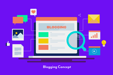 Company blogging, business and commercial blog post writing and publication, social media and email notification. Blogging service and blog software app concept. Web cms banner template.